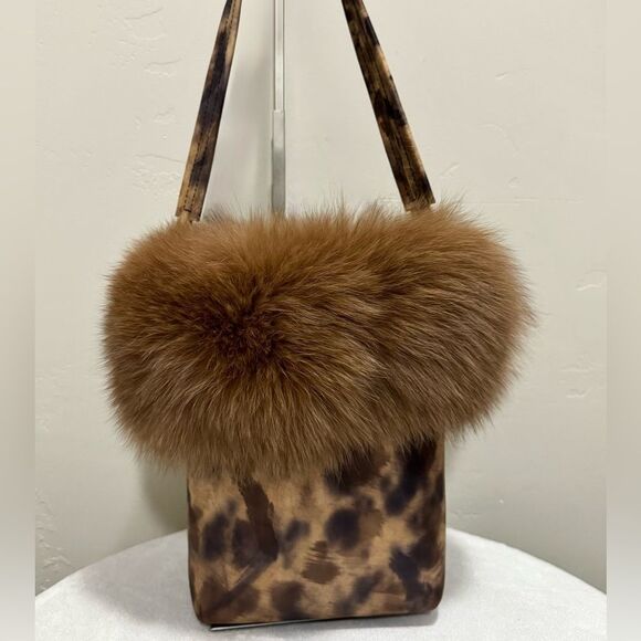 Gorgeous Real Fox Fur Trimmed Handmade Genuine Leather Tote Bag/ Crossbody - Picture 4 of 16